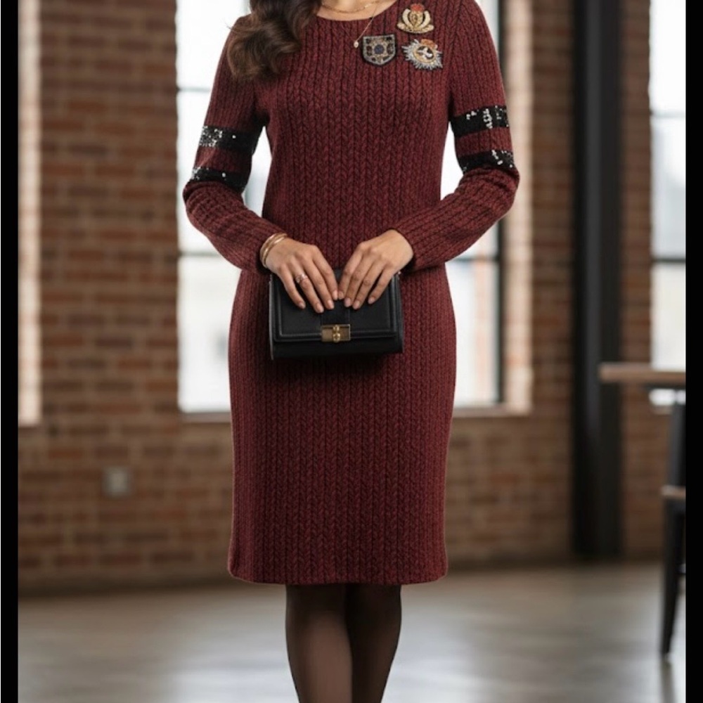 Chic Maroon Knit Dress with Black Accents